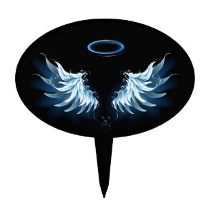 Blue Glowing Angel Wings on black background Cake Topper