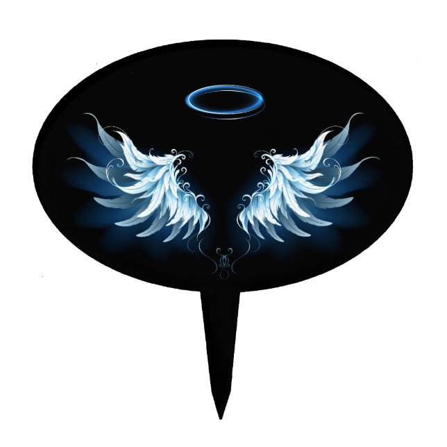 Blue Glowing Angel Wings on black background Cake Topper (Front)