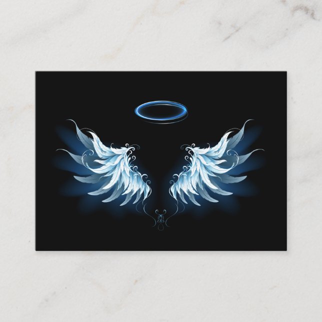 Blue Glowing Angel Wings on black background Calling Card (Front)