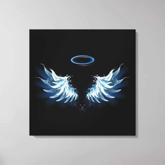 Blue Glowing Angel Wings on black background Canvas Print (Front)