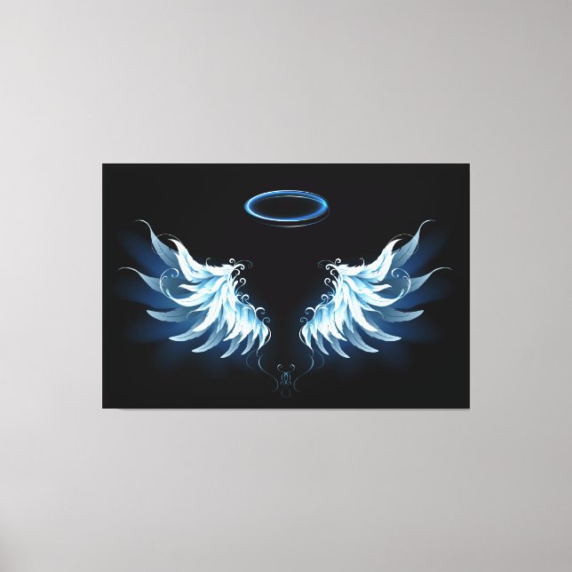 Blue Glowing Angel Wings on black background Canvas Print (Front)