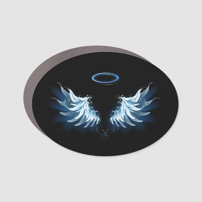 Blue Glowing Angel Wings on black background Car Magnet (Front)