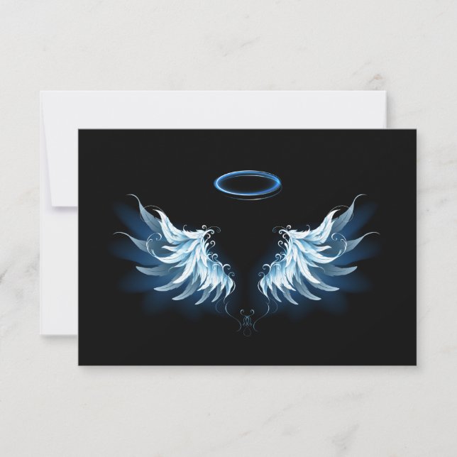Blue Glowing Angel Wings on black background Card (Front)
