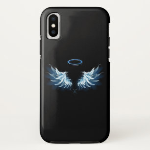 Blue Glowing Angel Wings on black background iPhone X Case