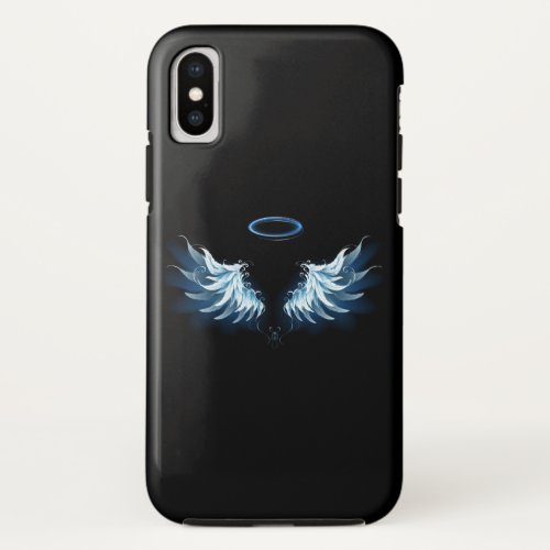 Blue Glowing Angel Wings on black background iPhone X Case