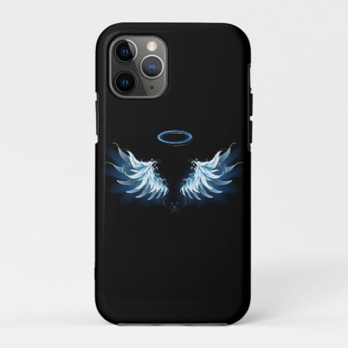 Blue Glowing Angel Wings on black background iPhone 11 Pro Case