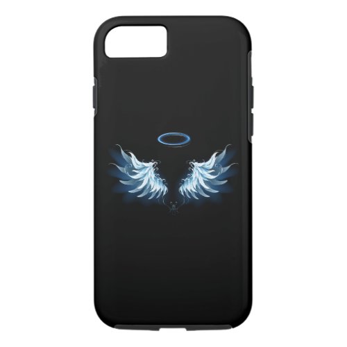 Blue Glowing Angel Wings on black background iPhone 87 Case