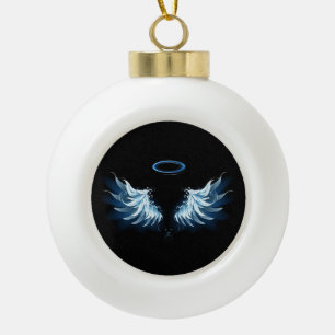 Blue Glowing Angel Wings on black background Ceramic Ball Christmas Ornament