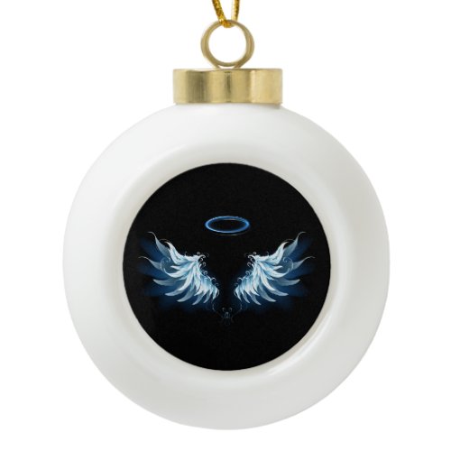 Blue Glowing Angel Wings on black background Ceramic Ball Christmas Ornament
