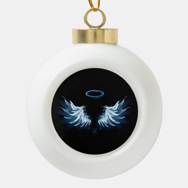 Blue Glowing Angel Wings on black background Ceramic Ball Christmas Ornament (Front)