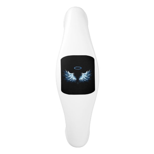 Blue Glowing Angel Wings on black background Ceramic Cabinet Pull (Front)
