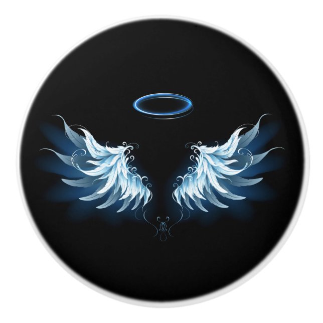 Blue Glowing Angel Wings on black background Ceramic Knob (Front)