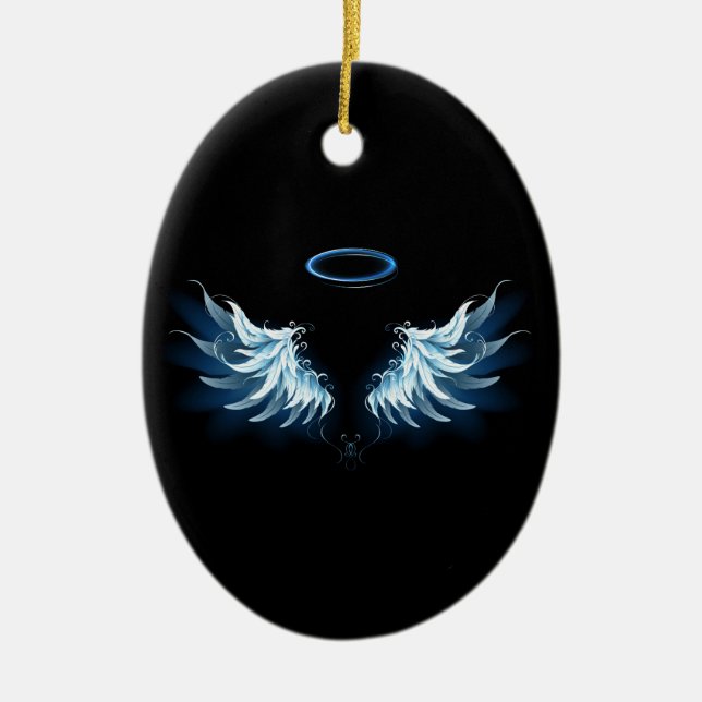 Blue Glowing Angel Wings on black background Ceramic Ornament (Front)