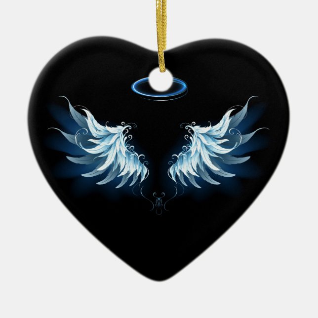 Blue Glowing Angel Wings on black background Ceramic Ornament (Front)