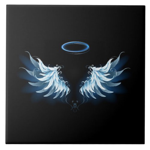 Blue Glowing Angel Wings on black background Ceramic Tile