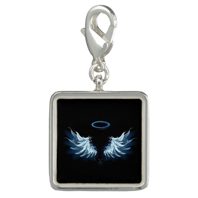 Blue Glowing Angel Wings on black background Charm (Front)