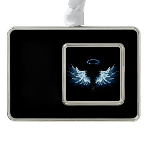 Blue Glowing Angel Wings on black background Christmas Ornament