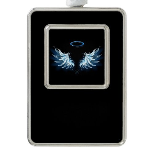 Blue Glowing Angel Wings on black background Christmas Ornament