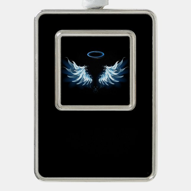 Blue Glowing Angel Wings on black background Christmas Ornament (Front)