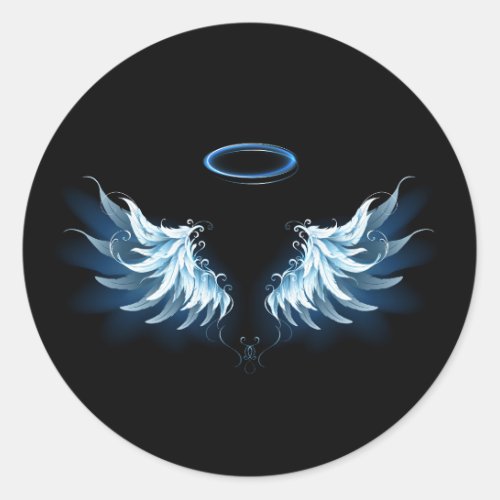 Blue Glowing Angel Wings on black background Classic Round Sticker