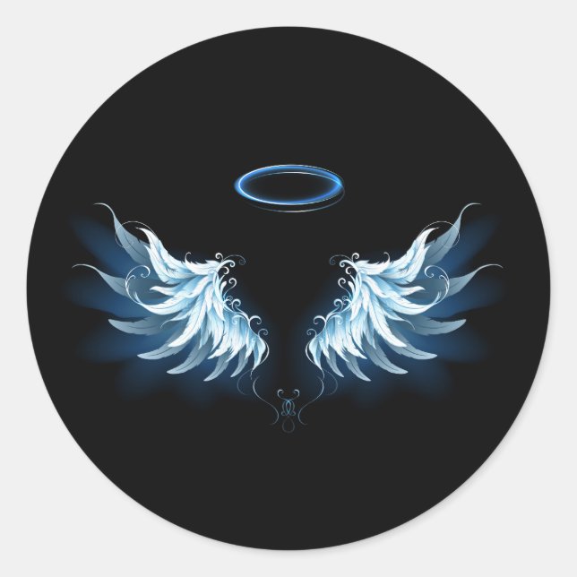Blue Glowing Angel Wings on black background Classic Round Sticker (Front)