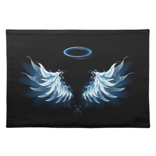 Blue Glowing Angel Wings on black background Cloth Placemat