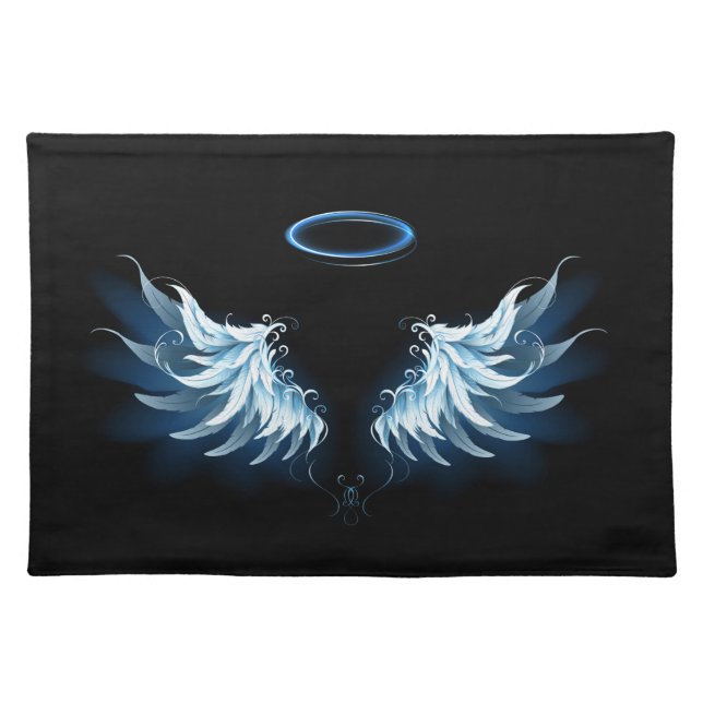 Blue Glowing Angel Wings on black background Cloth Placemat (Front)