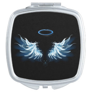 Blue Glowing Angel Wings on black background Compact Mirror