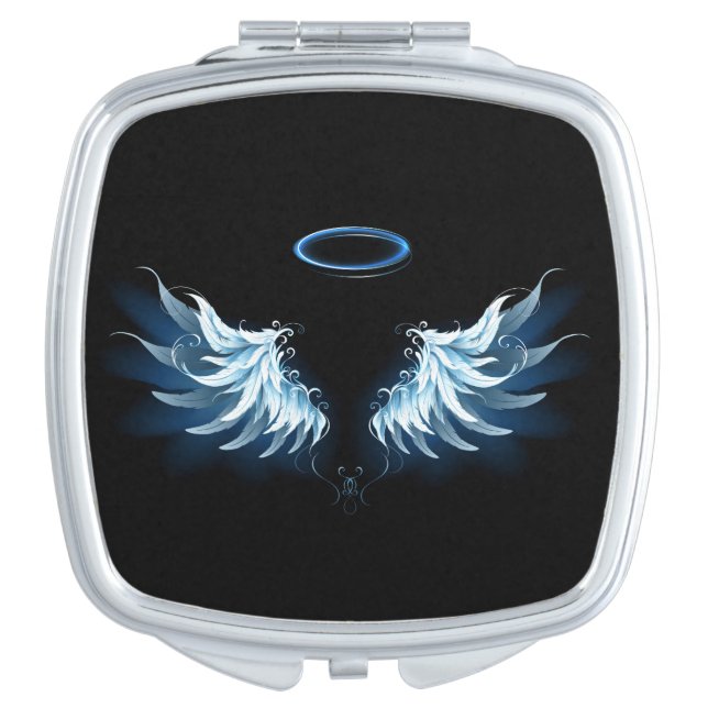 Blue Glowing Angel Wings on black background Compact Mirror (Front)