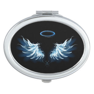 Blue Glowing Angel Wings on black background Compact Mirror
