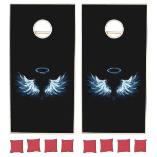 Blue Glowing Angel Wings on black background Cornhole Set