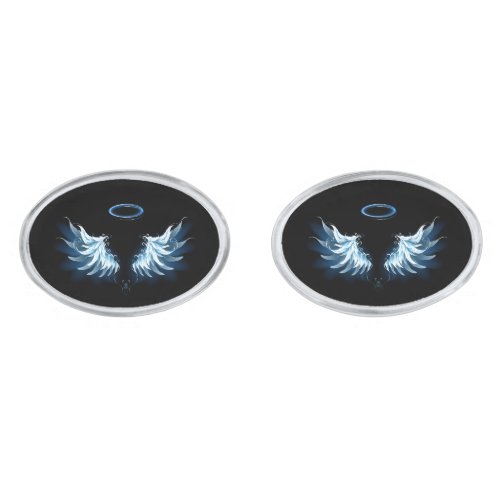 Blue Glowing Angel Wings on black background Cufflinks