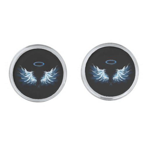 Blue Glowing Angel Wings on black background Cufflinks