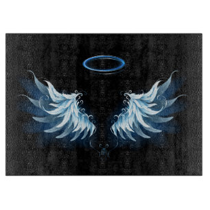 Blue Glowing Angel Wings on black background Cutting Board