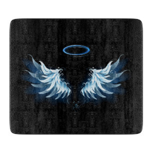 Blue Glowing Angel Wings on black background Cutting Board