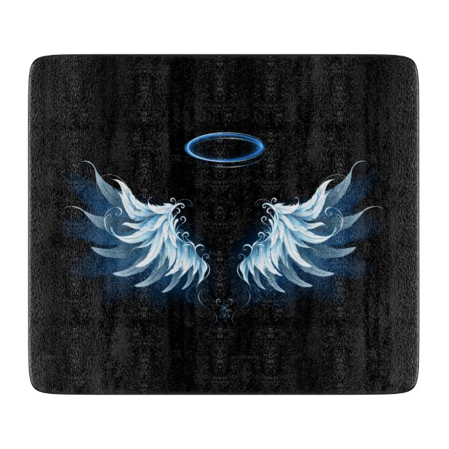 Blue Glowing Angel Wings on black background Cutting Board (Front)