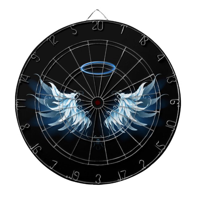 Blue Glowing Angel Wings on black background Dart Board (Front)