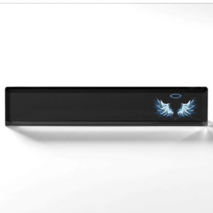 Blue Glowing Angel Wings on black background Desk Name Plate