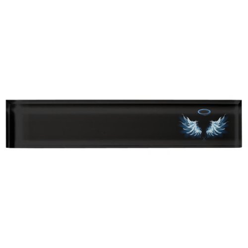 Blue Glowing Angel Wings on black background Desk Name Plate