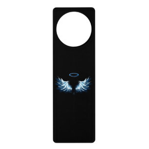 Blue Glowing Angel Wings on black background Door Hanger