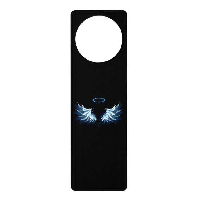 Blue Glowing Angel Wings on black background Door Hanger (Front)