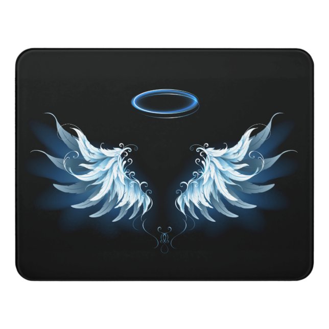 Blue Glowing Angel Wings on black background Door Sign (Contemporary Front)