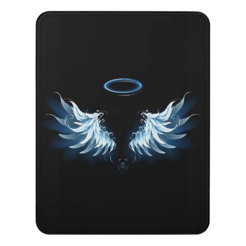 Blue Glowing Angel Wings on black background Door Sign