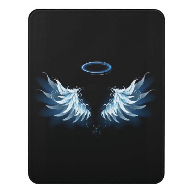 Blue Glowing Angel Wings on black background Door Sign (Contemporary Vert)