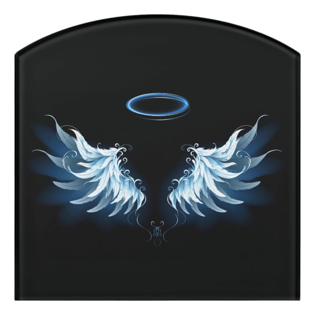 Blue Glowing Angel Wings on black background Door Sign (Contour Front)