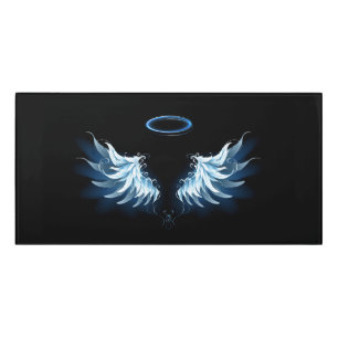 Blue Glowing Angel Wings on black background Door Sign