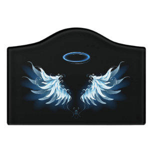 Blue Glowing Angel Wings on black background Door Sign