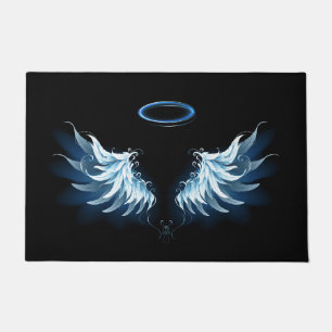 Blue Glowing Angel Wings on black background Doormat