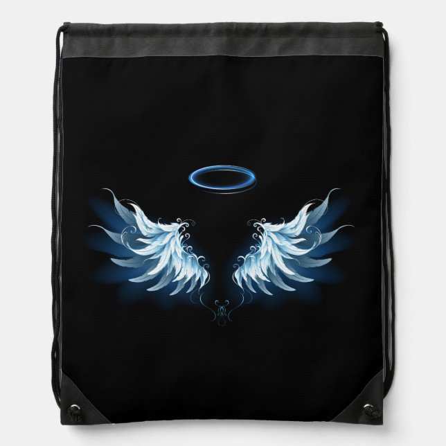Blue Glowing Angel Wings on black background Drawstring Bag (Front)