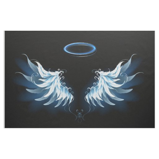 Blue Glowing Angel Wings on black background Fabric